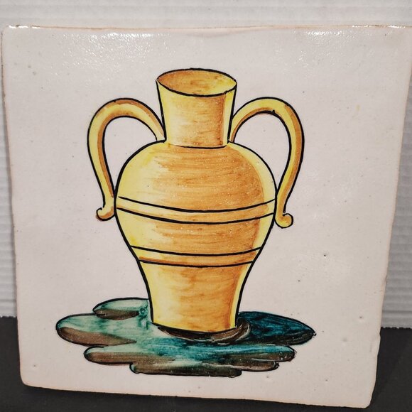 Vintage Kitchen Clay Tile Hand Painted with a Golden Amphora Vase Grazed 8.2" - Picture 2 of 8